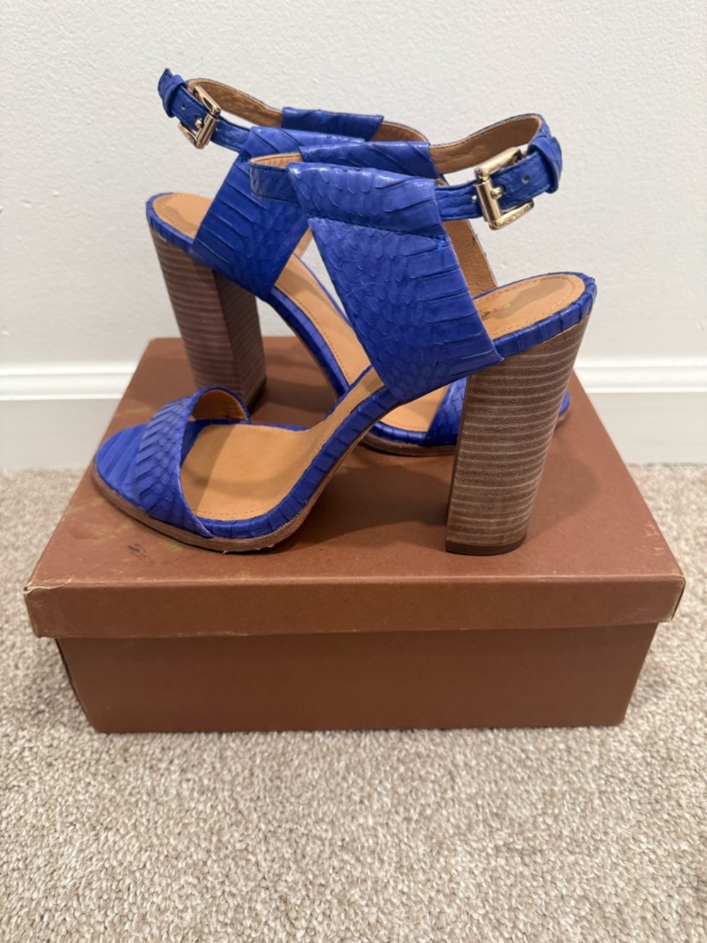 Coach Cobalt Blue Textured Leather Ankle-Strap Block Heels - Picture 2 of 3